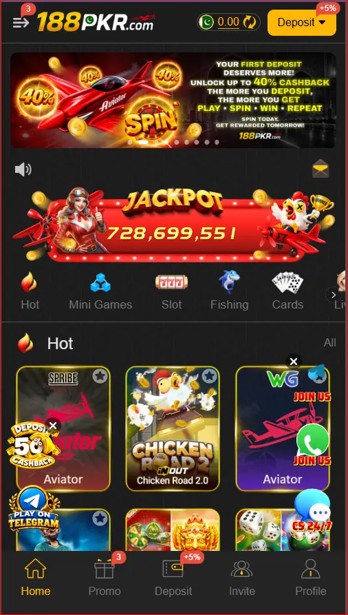 188PKR Game home screen on Android