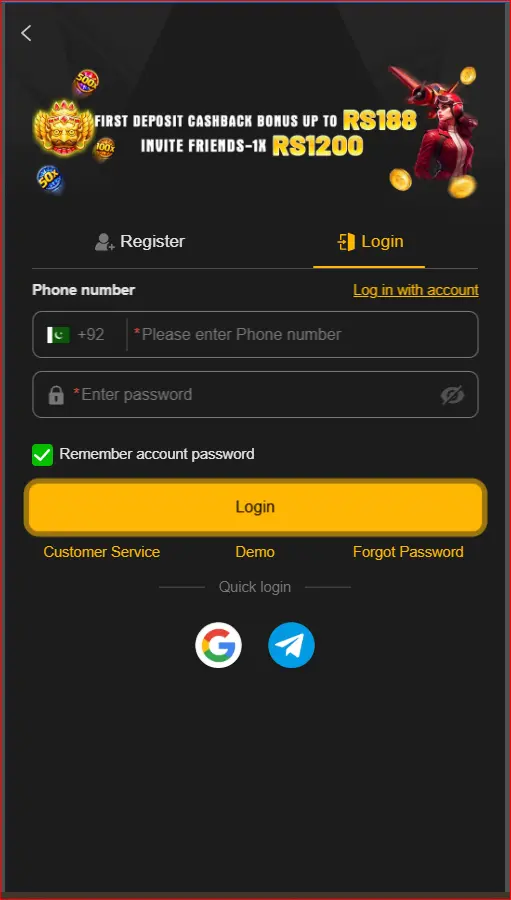 Login page inside the 188PKR Game app