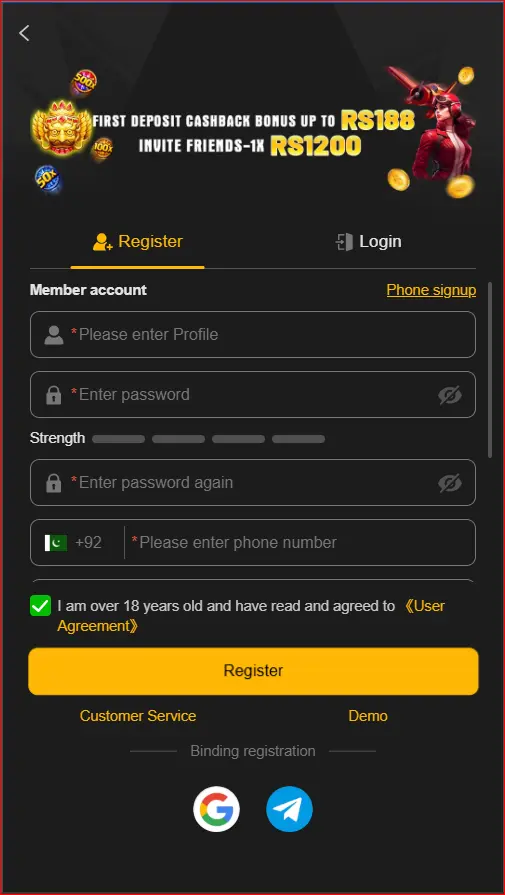 registration screen for new users