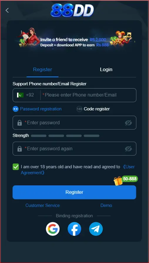 registration page for creating a new account