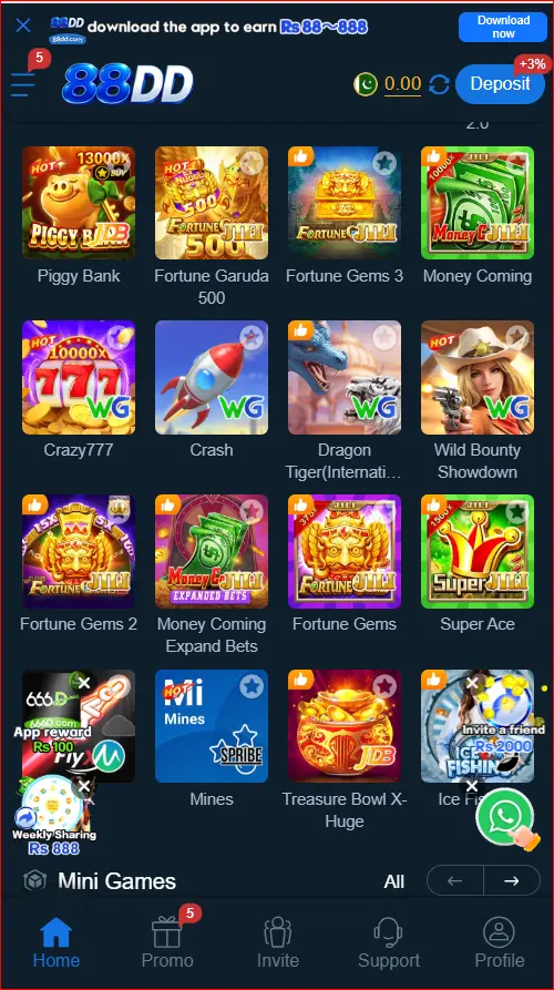 Game categories available inside 88DD Game app
