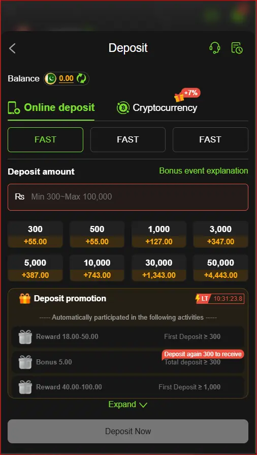 deposit page with payment options in Pakistan