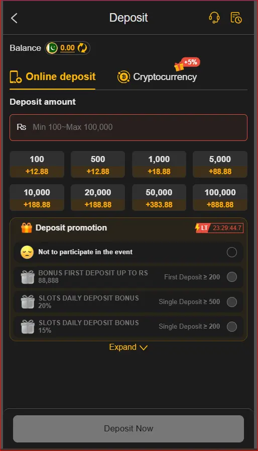 Deposit options shown inside 188PKR Game
