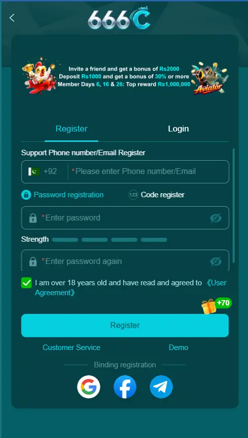 registration page for creating a new account