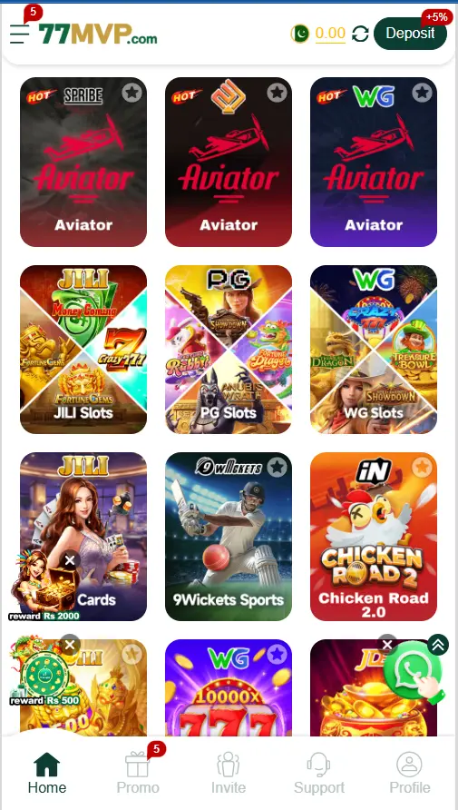 77MVP Game categories screen with available mobile games