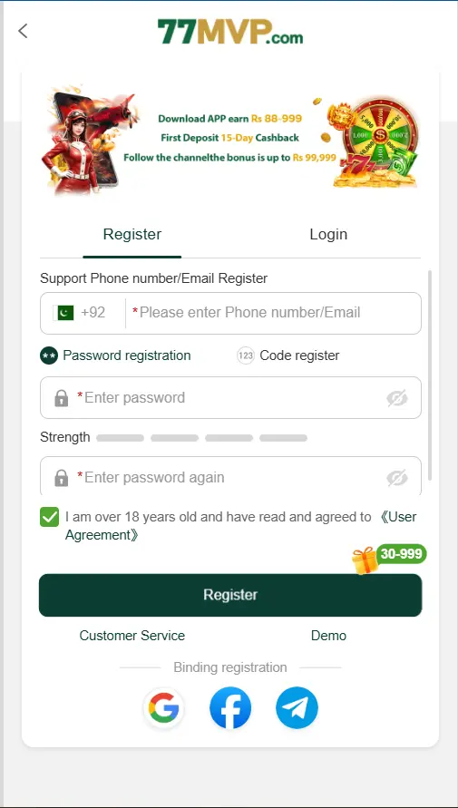 registration screen for creating a new accoun