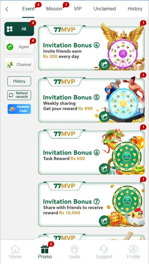 77MVP promotions and bonus section with current offers