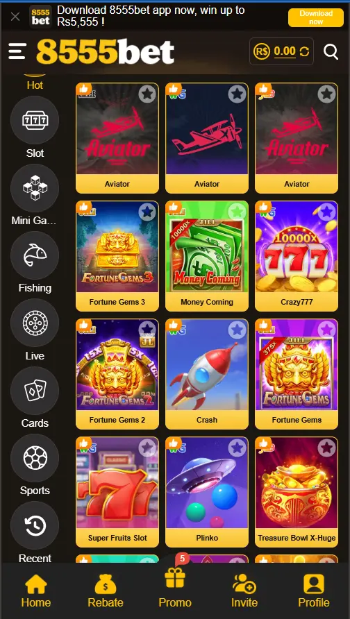 8555 Bet Game categories screen showing different mobile gaming sections