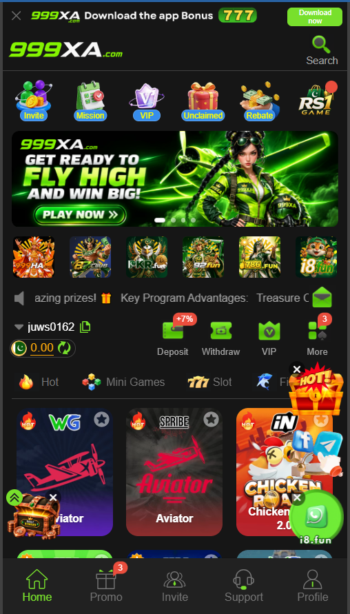 999XA home screen showing main game and account sections