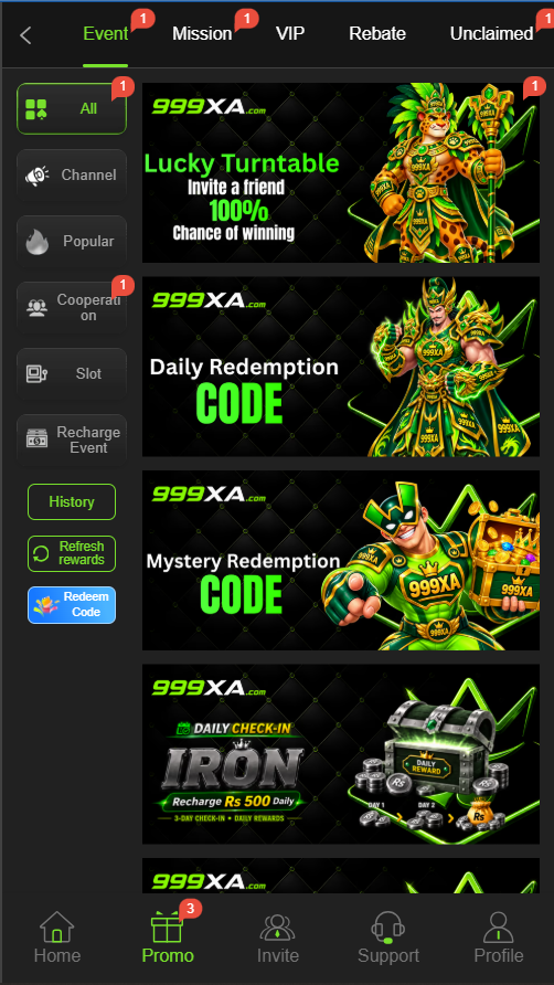 999XA promotions screen showing available reward offers
