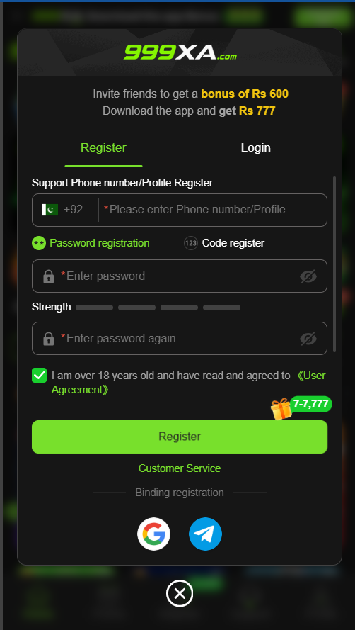 registration screen for creating a new user account
