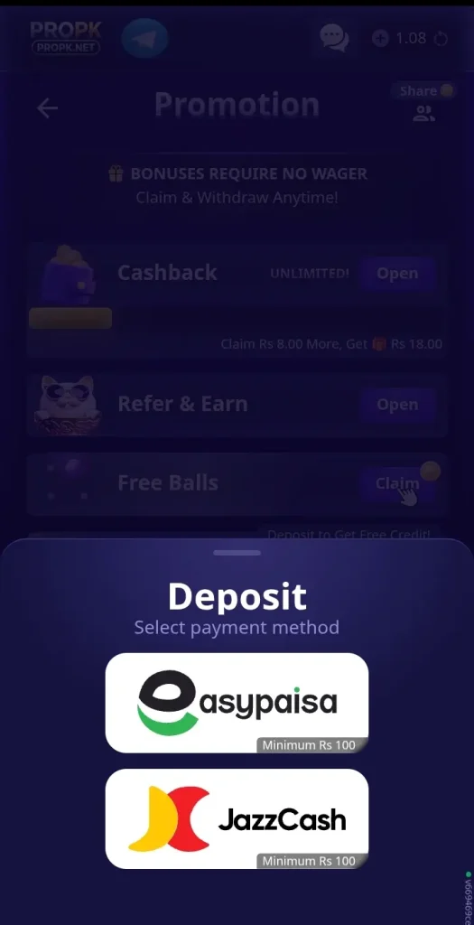 PROPK Game 2026 Android deposit and payment section