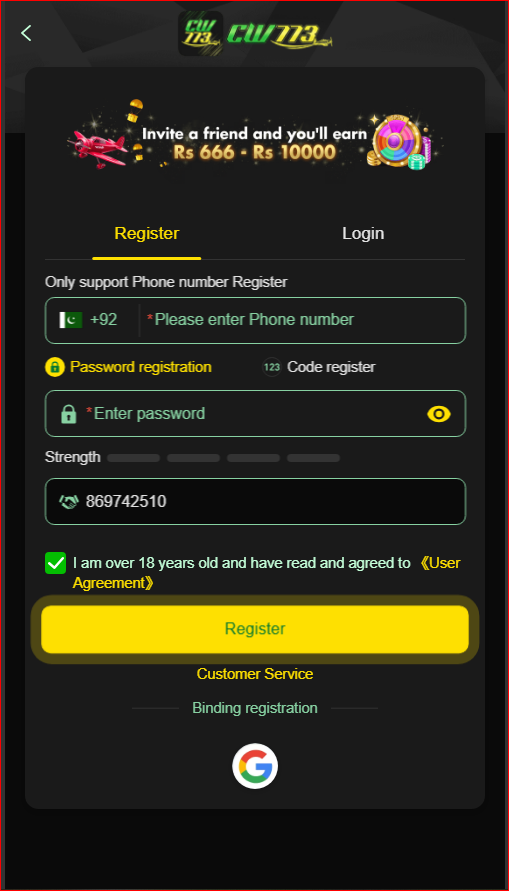 registration screen for creating a new account