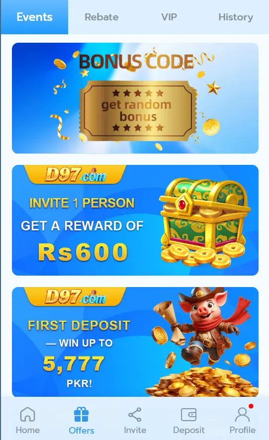 D97.com Game promotions and bonus section