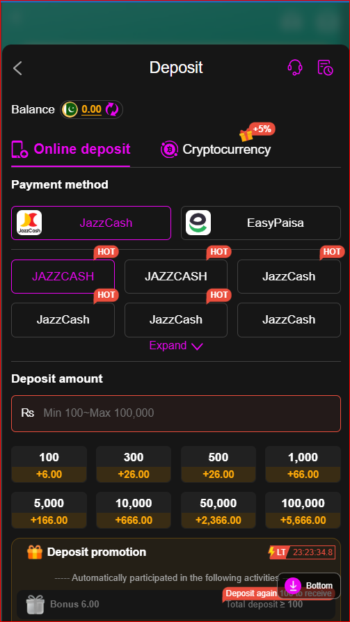 deposit page showing available payment options