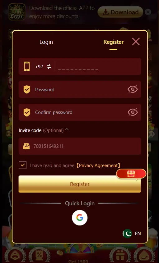 E7777 Game registration page for new users