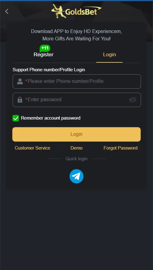 Account login screen with sign in fields