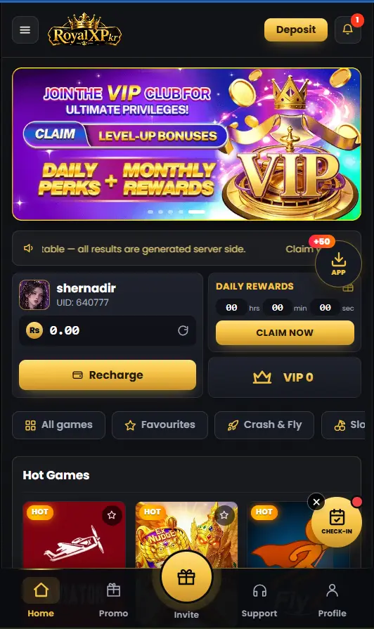 Royal XPkr Game home screen showing main navigation