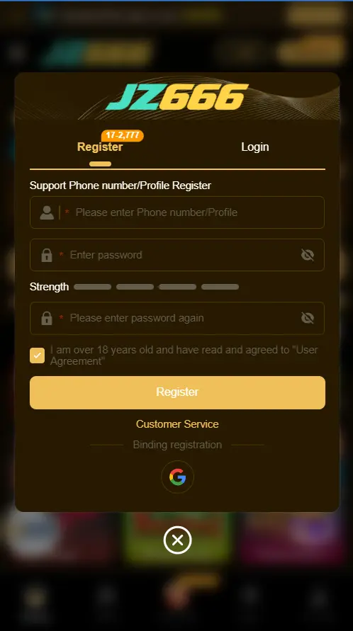 Mobile app account registration form
