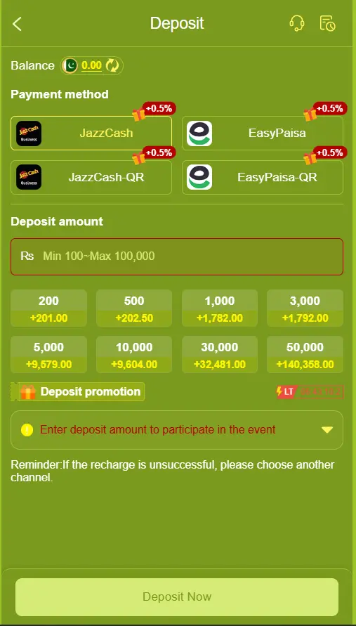 deposit and wallet section