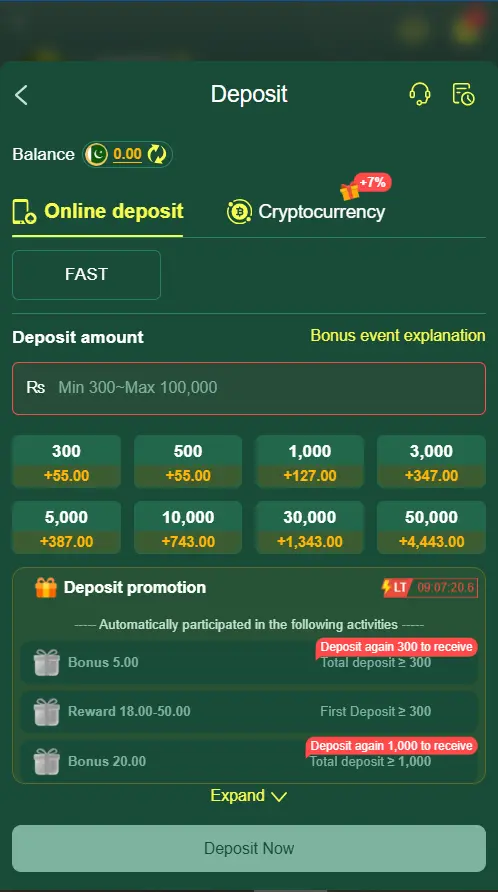 deposit page with wallet options