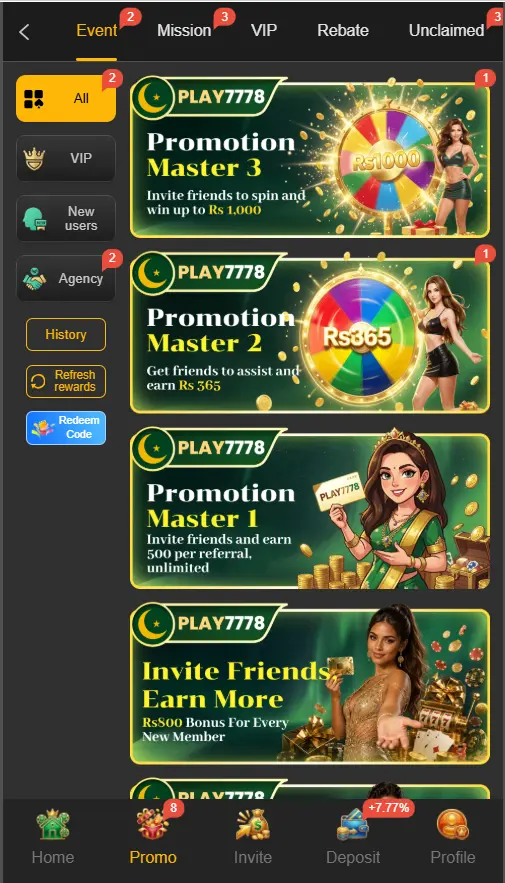 Play7778 Game promotions and bonus offers screen