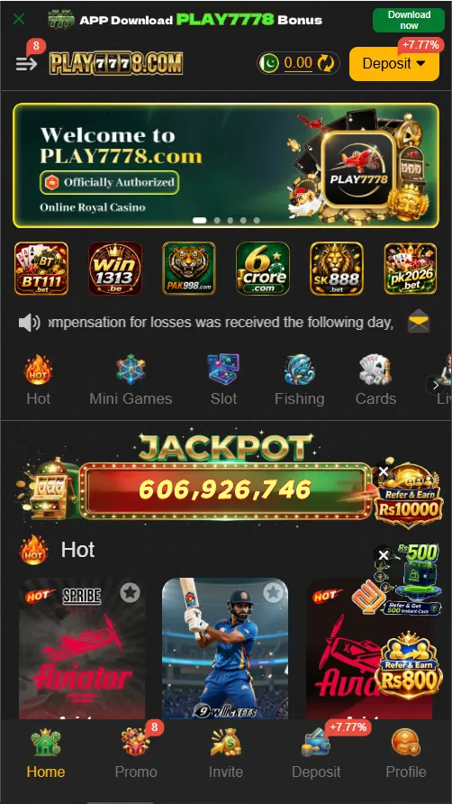 Play7778.com home screen showing the main Android dashboard