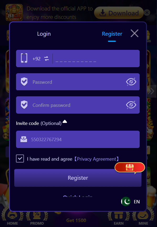 registration page for creating a new account