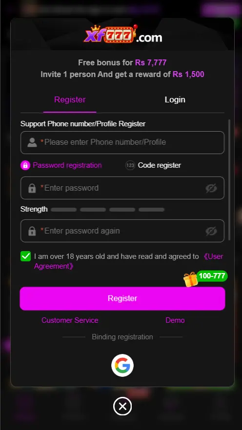 Mobile registration screen for creating a new account