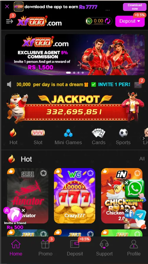 XF777 Game home screen showing mobile app navigation