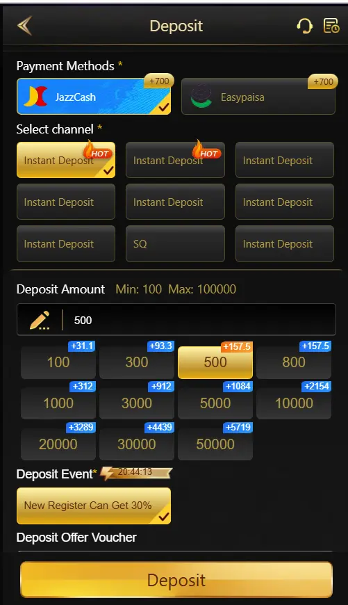 deposit section with available payment options