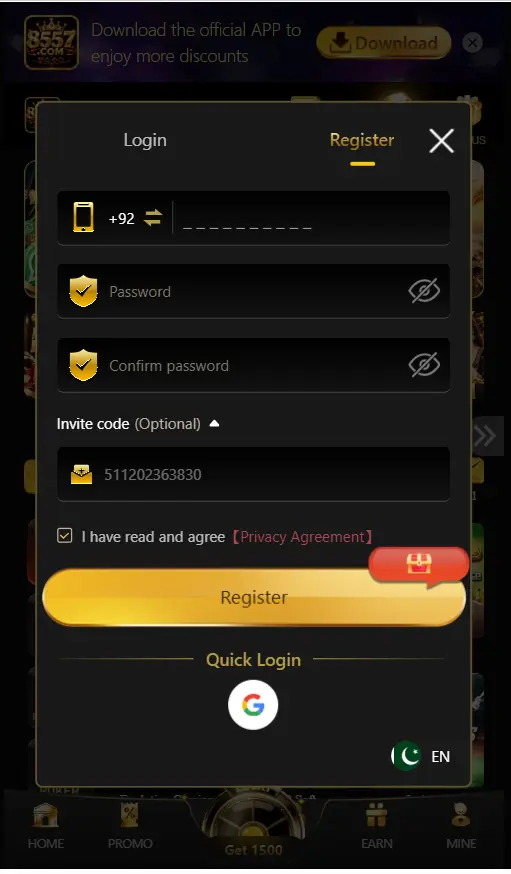 8557.com account registration screen on Android