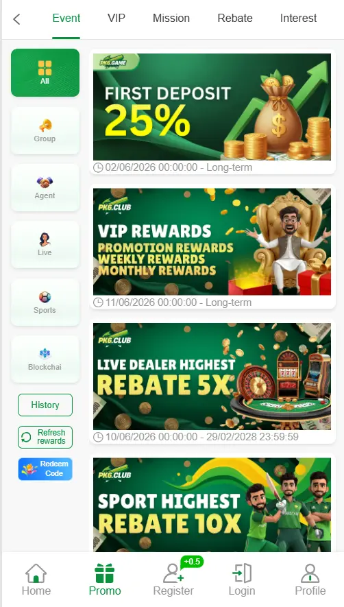 PK6 Game promotions and bonus section showing available offers