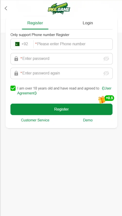 PK6 Game registration screen for creating a new account